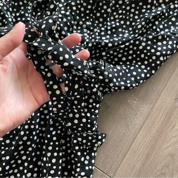 LOFT Black & White Polka Dot Ruffle Belted Wrap Romper - Picture 3 of 6